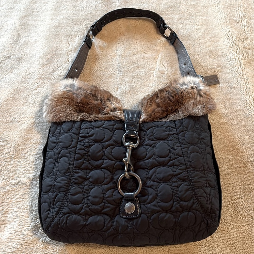 Coach Black Quilted Shoulder Bag with Fur Accent